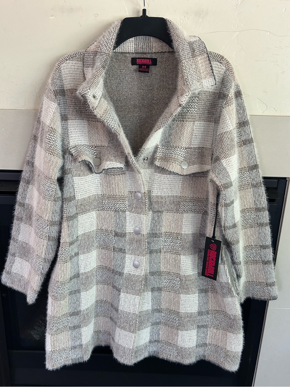 ▶️ Rock & Roll Denim Plaid Sweater Knit Shacket Womens M NWT Missing Snap